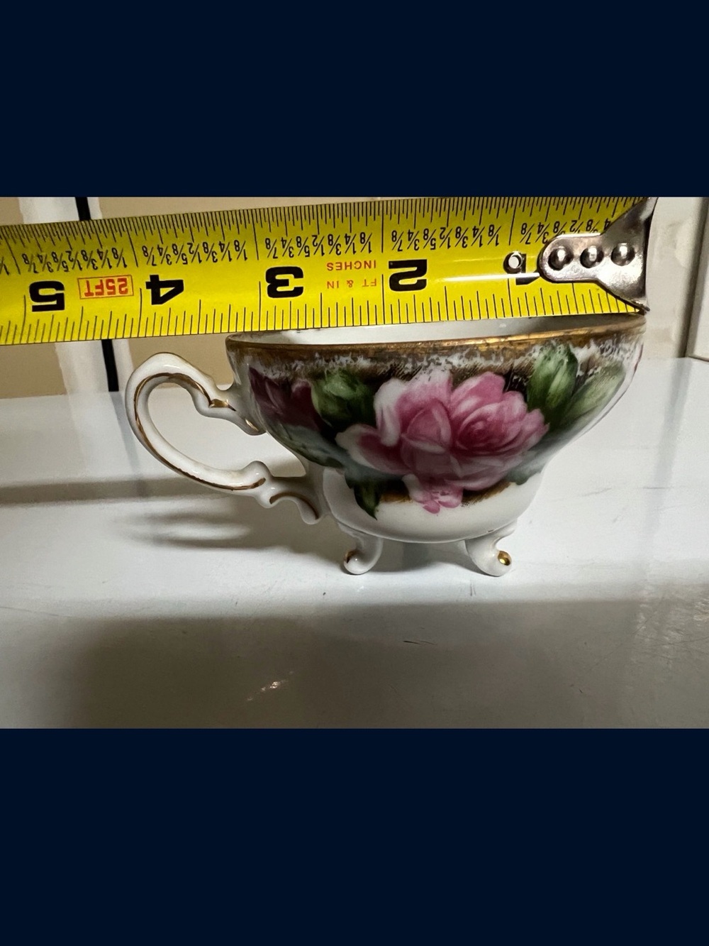 Vintage Porcelain Footed Tea Cup with Pink Rose Floral Design